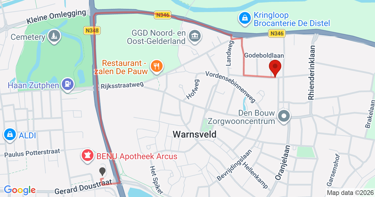 Kaart van het incident in Warnsveld met de aanrijroutes van de gealarmeerde eenheden