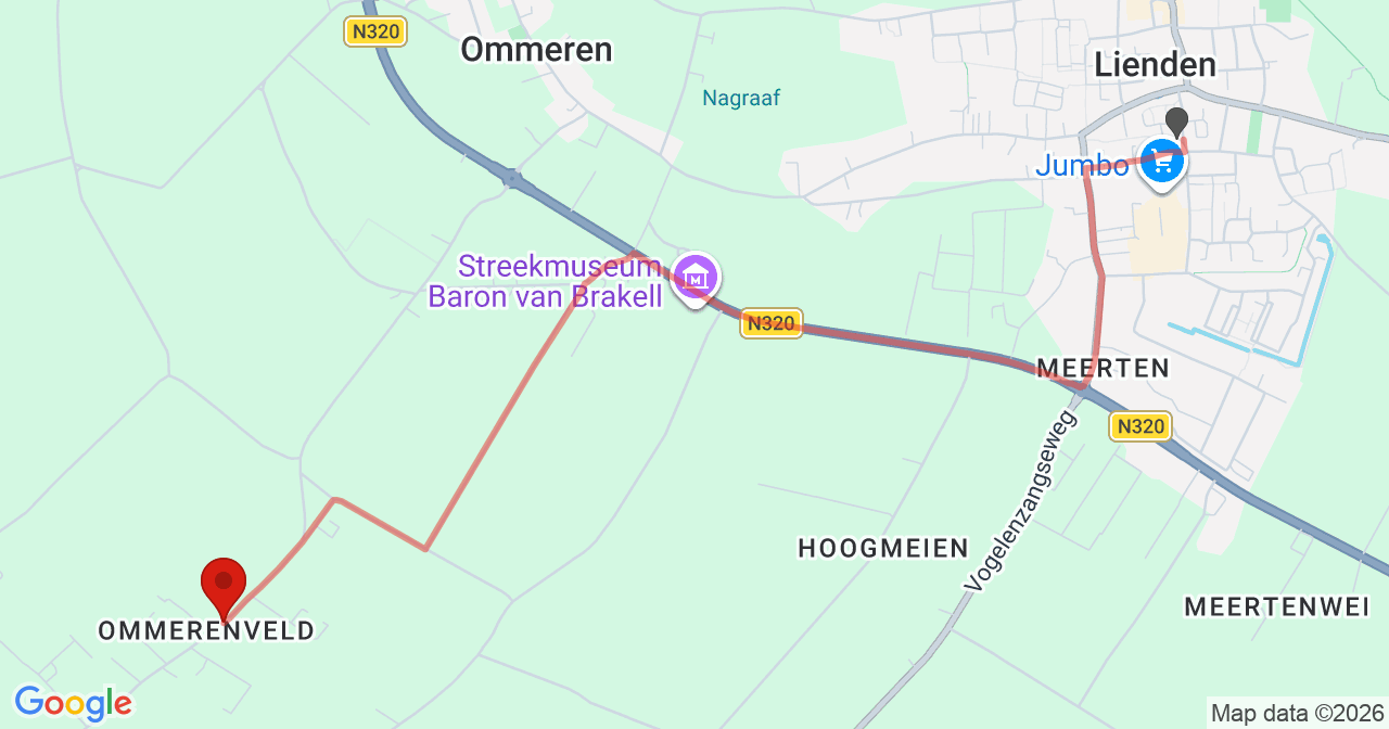 Kaart van het incident in Ommeren met de aanrijroutes van de gealarmeerde eenheden