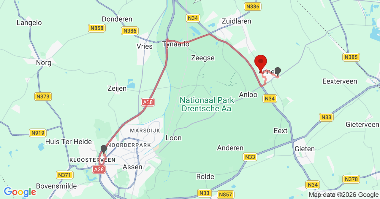 Kaart van het incident in Annen met de aanrijroutes van de gealarmeerde eenheden