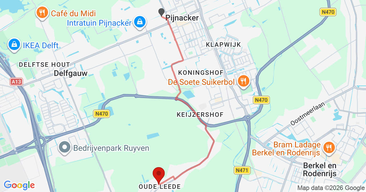 Kaart van het incident in Pijnacker met de aanrijroutes van de gealarmeerde eenheden