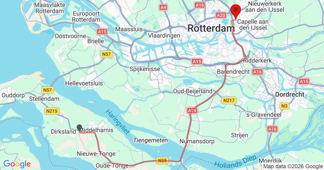 Kaart van het incident in Rotterdam met de aanrijroutes van de gealarmeerde eenheden
