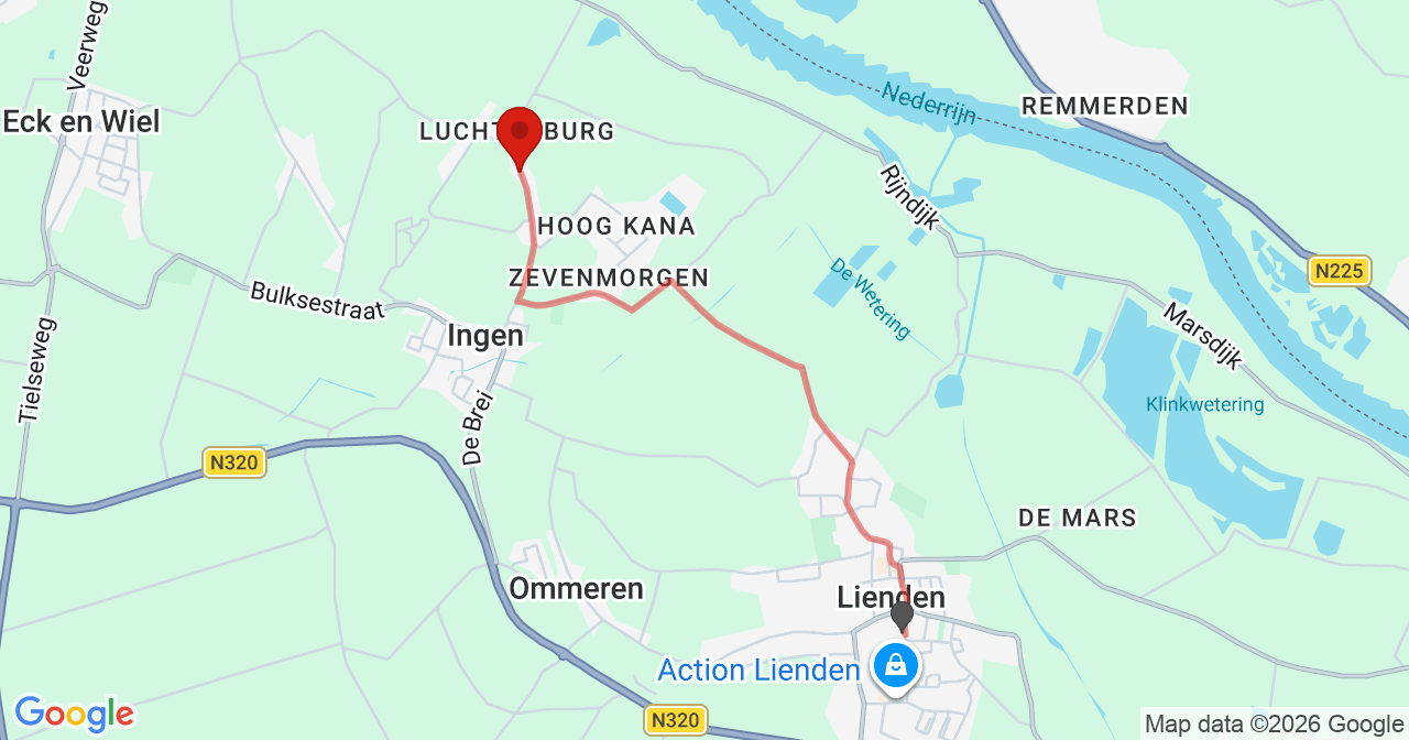 Kaart van het incident in Ingen met de aanrijroutes van de gealarmeerde eenheden