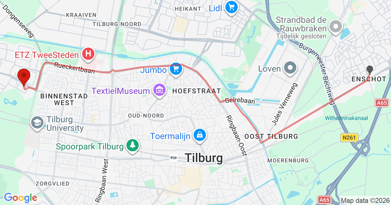 Kaart van het incident in Tilburg met de aanrijroutes van de gealarmeerde eenheden