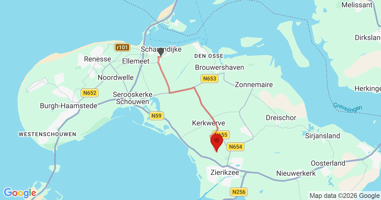 Kaart van het incident in Zierikzee met de aanrijroutes van de gealarmeerde eenheden