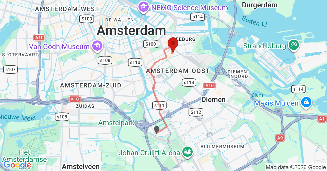 Kaart van het incident in Amsterdam met de aanrijroutes van de gealarmeerde eenheden