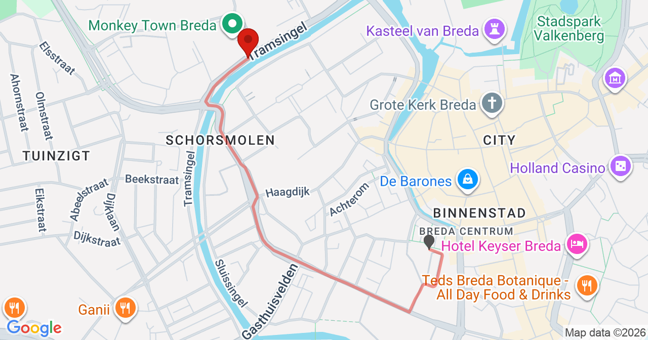 Kaart van het incident in Breda met de aanrijroutes van de gealarmeerde eenheden