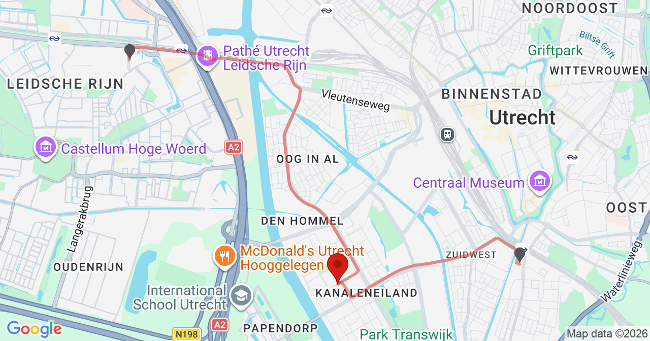 Kaart van het incident in Utrecht met de aanrijroutes van de gealarmeerde eenheden