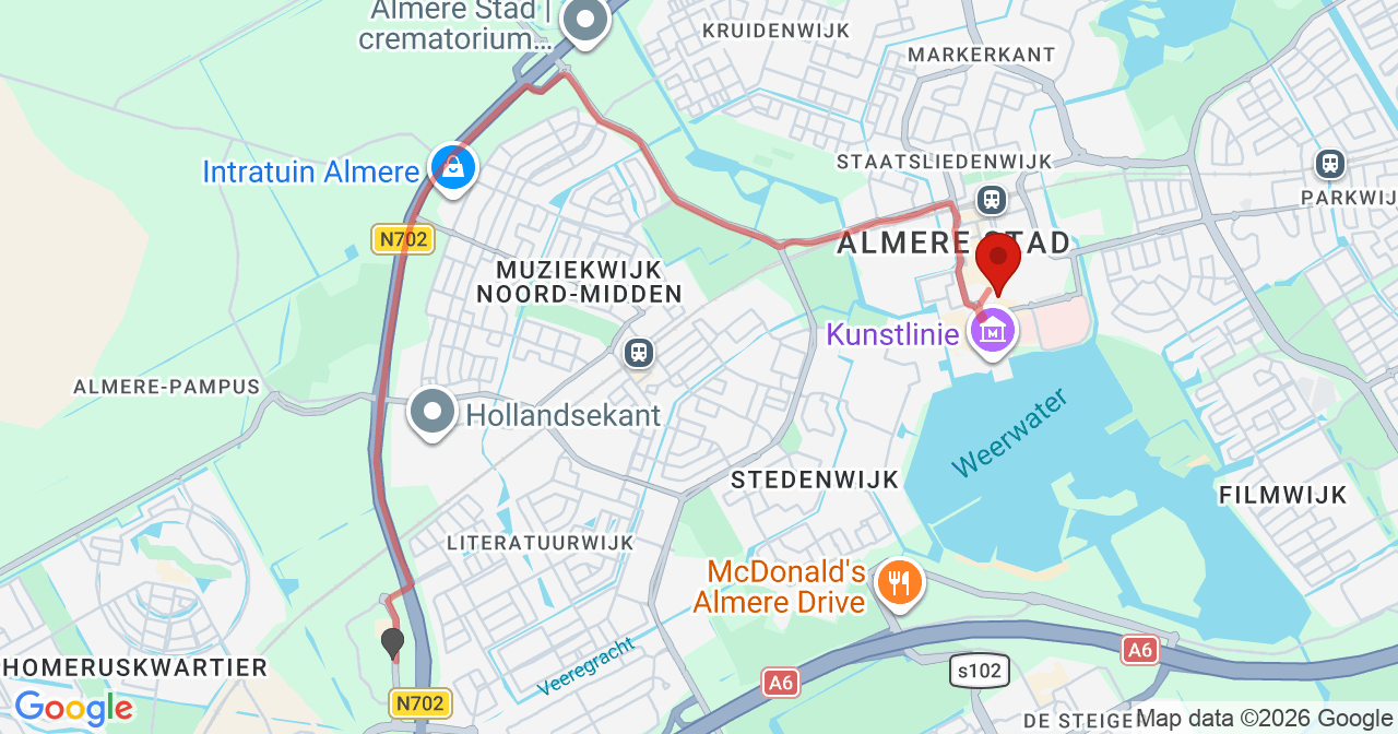 Kaart van het incident in Almere met de aanrijroutes van de gealarmeerde eenheden