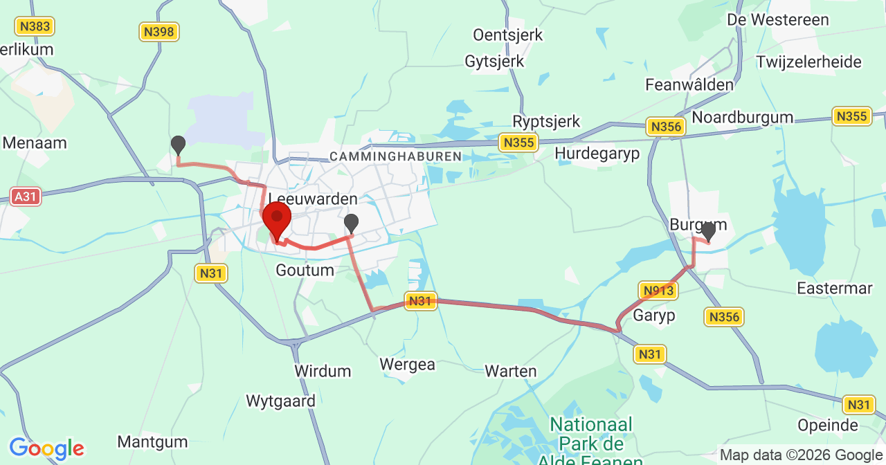 Kaart van het incident in Leeuwarden met de aanrijroutes van de gealarmeerde eenheden