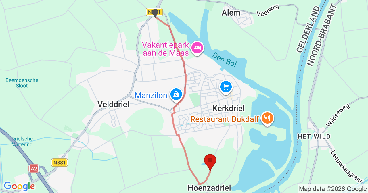 Kaart van het incident in Hoenzadriel met de aanrijroutes van de gealarmeerde eenheden