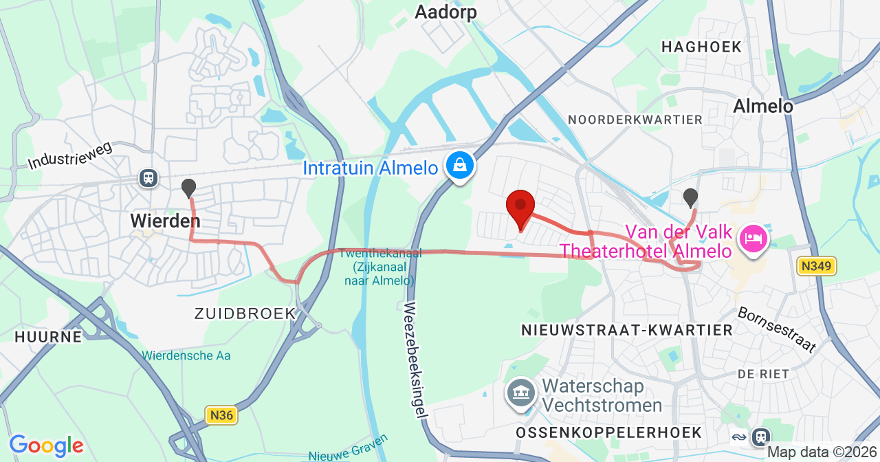 Kaart van het incident in Almelo met de aanrijroutes van de gealarmeerde eenheden