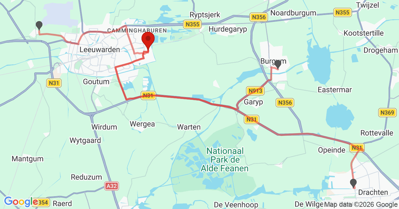 Kaart van het incident in Leeuwarden met de aanrijroutes van de gealarmeerde eenheden