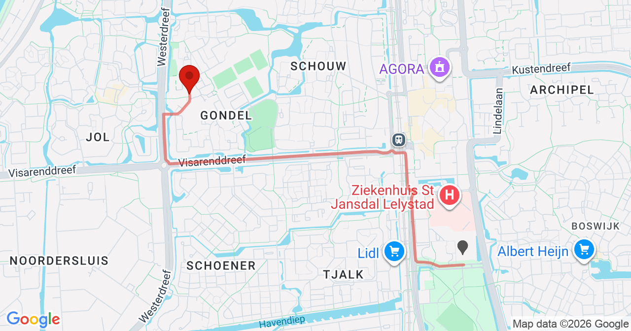 Kaart van het incident in Lelystad met de aanrijroutes van de gealarmeerde eenheden