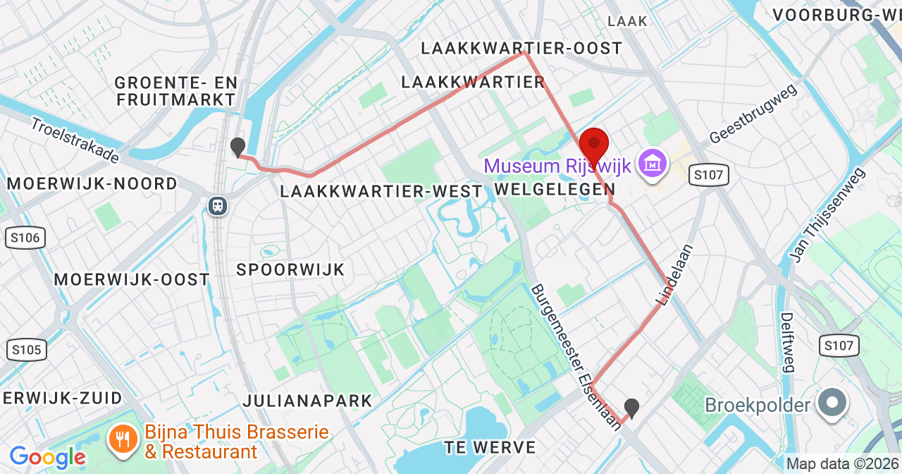 Kaart van het incident in Rijswijk ZH met de aanrijroutes van de gealarmeerde eenheden