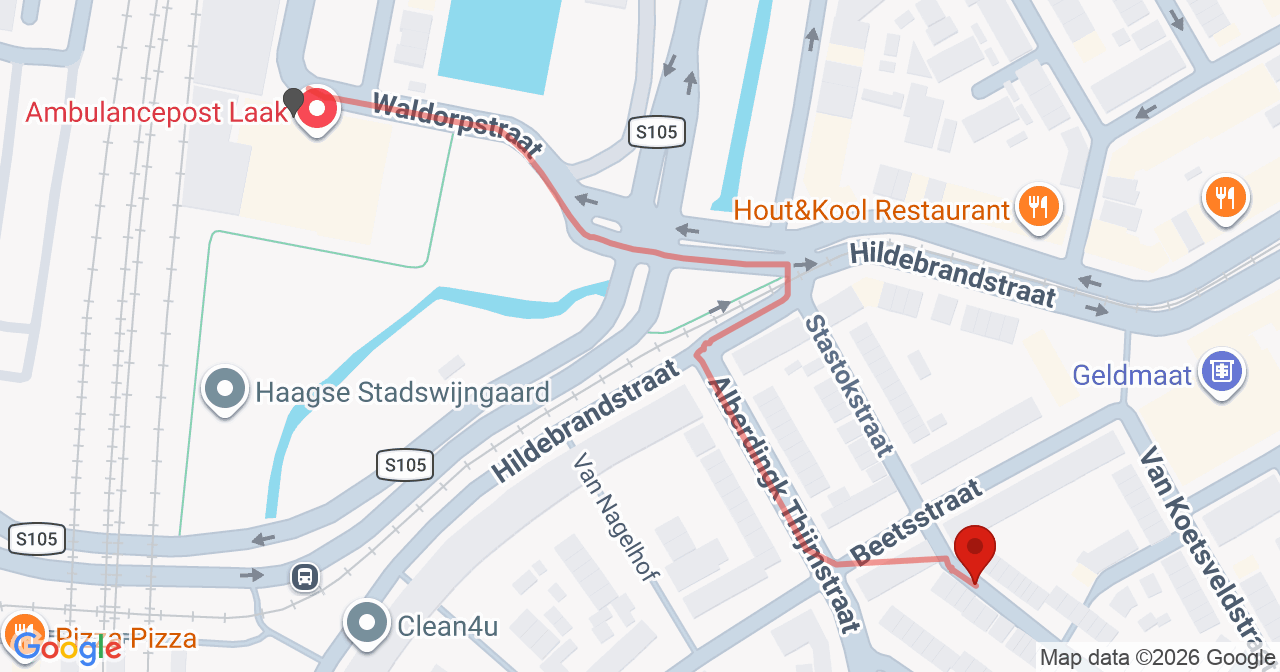 Kaart van het incident in 's-Gravenhage met de aanrijroutes van de gealarmeerde eenheden
