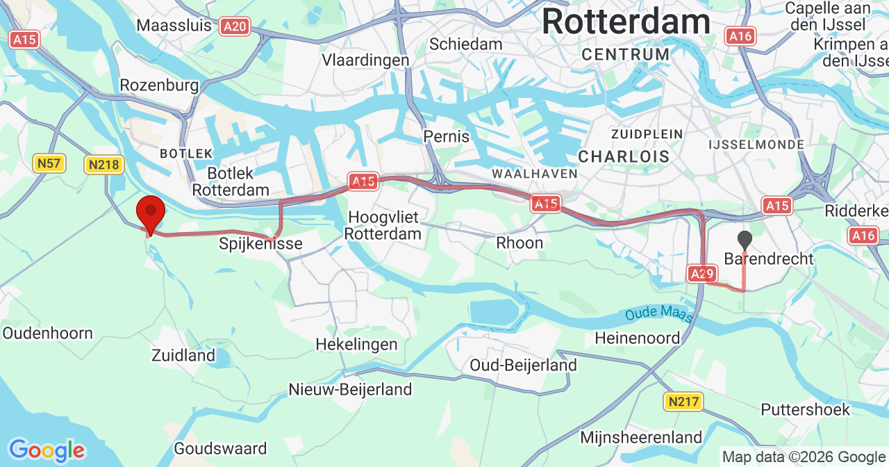 Kaart van het incident in Ridderkerk met de aanrijroutes van de gealarmeerde eenheden