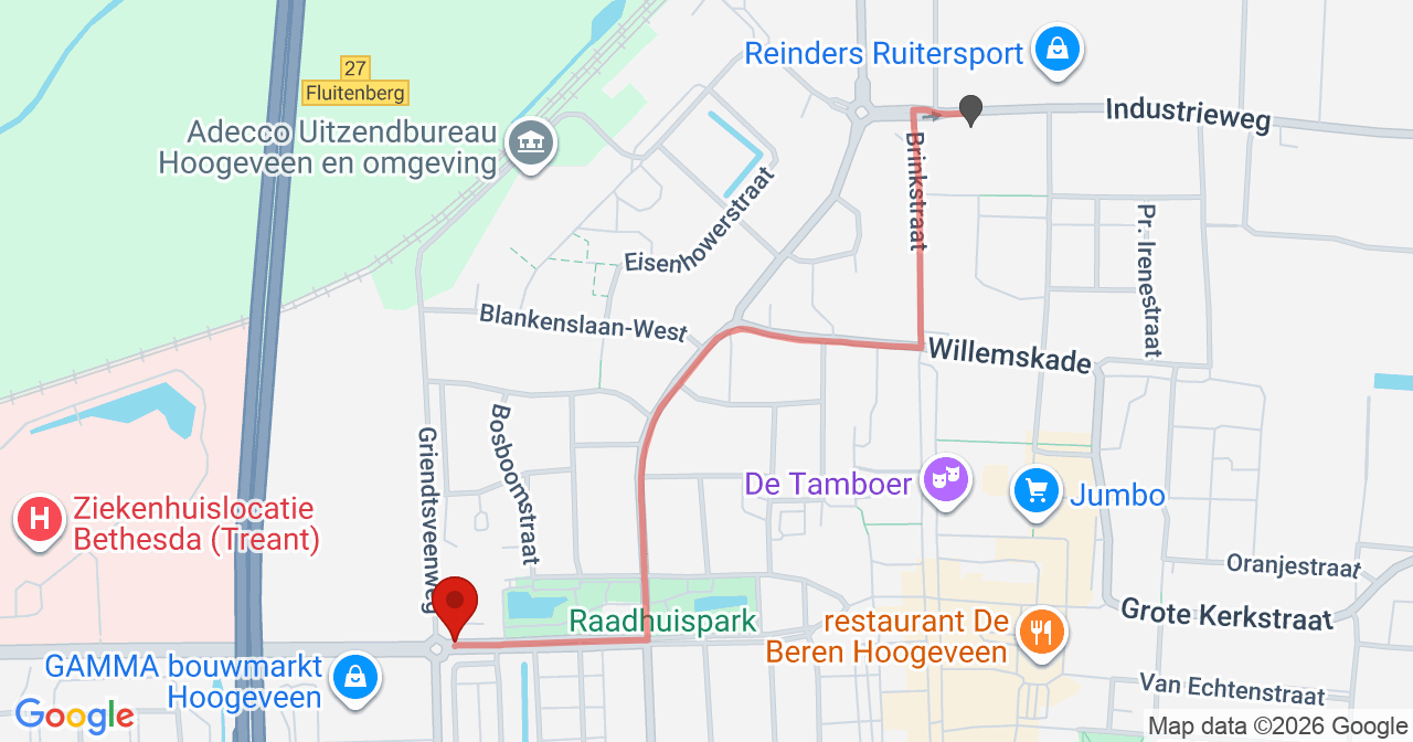 Kaart van het incident in Hoogeveen met de aanrijroutes van de gealarmeerde eenheden