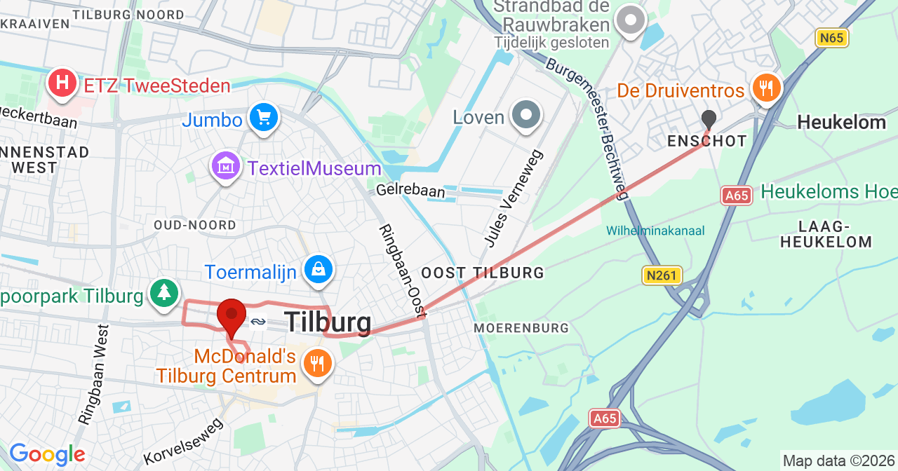 Kaart van het incident in Tilburg met de aanrijroutes van de gealarmeerde eenheden