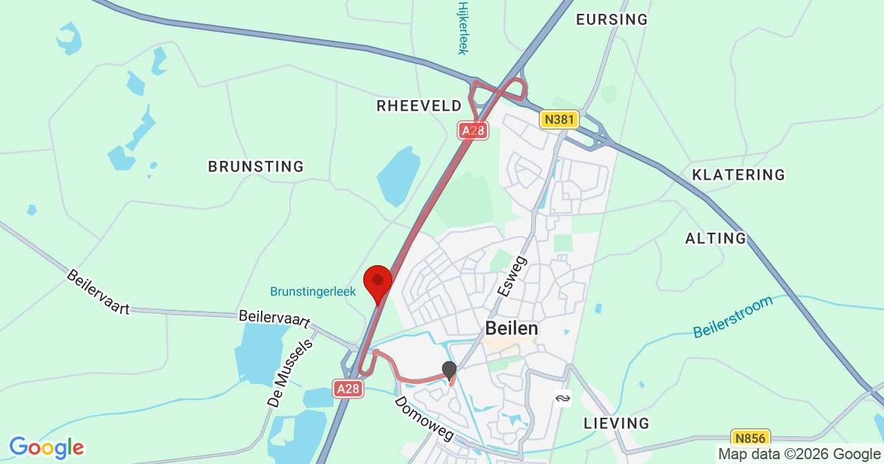 Kaart van het incident in Beilen met de aanrijroutes van de gealarmeerde eenheden