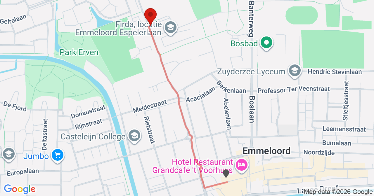 Kaart van het incident in Emmeloord met de aanrijroutes van de gealarmeerde eenheden