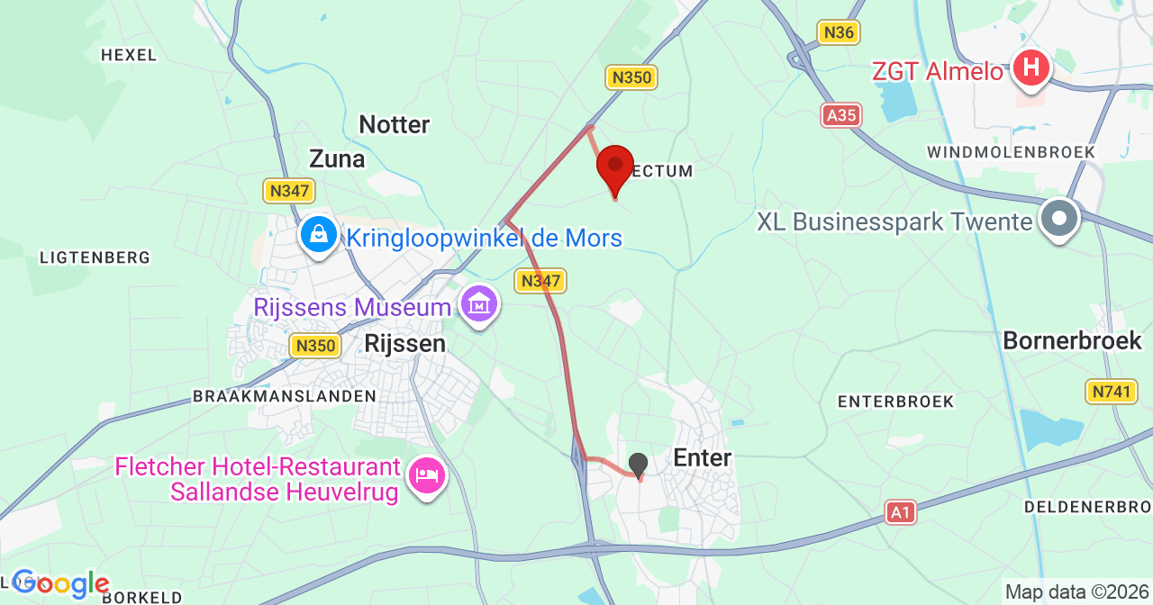 Kaart van het incident in Wierden met de aanrijroutes van de gealarmeerde eenheden