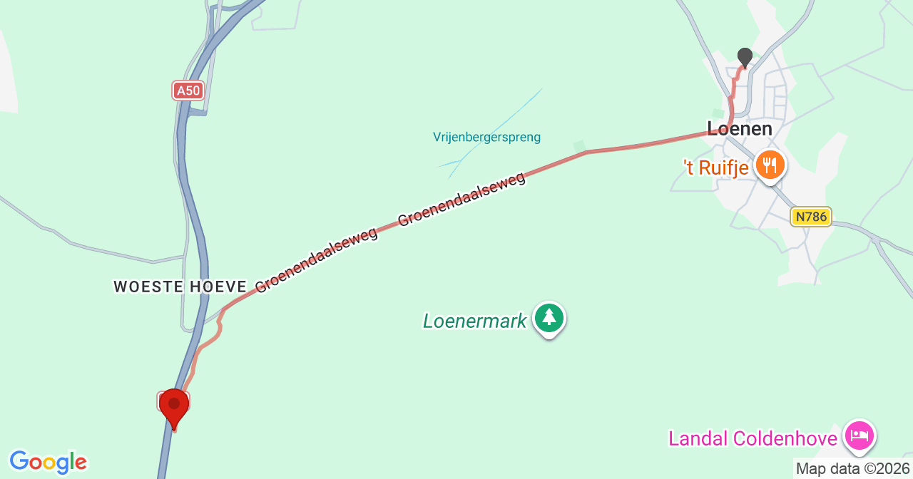 Kaart van het incident in Loenen met de aanrijroutes van de gealarmeerde eenheden