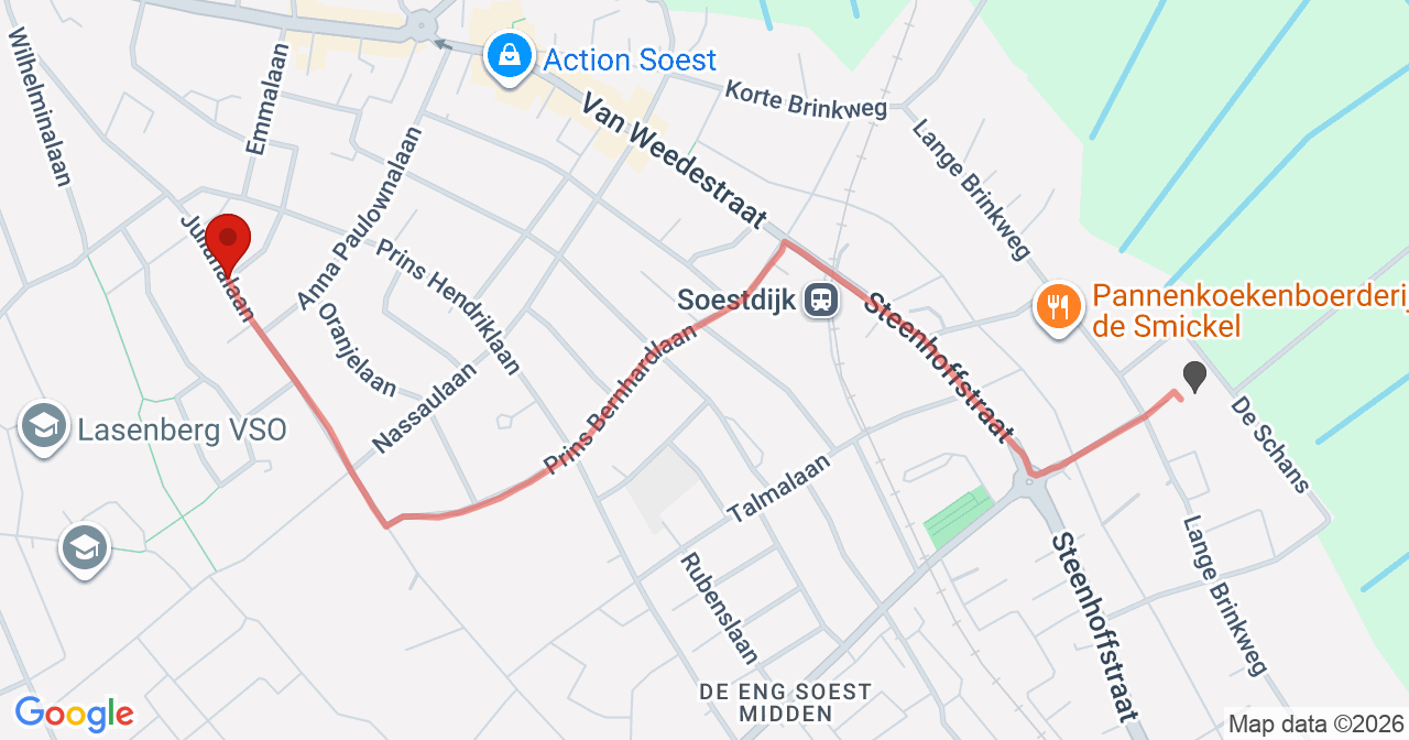 Kaart van het incident in Soest met de aanrijroutes van de gealarmeerde eenheden