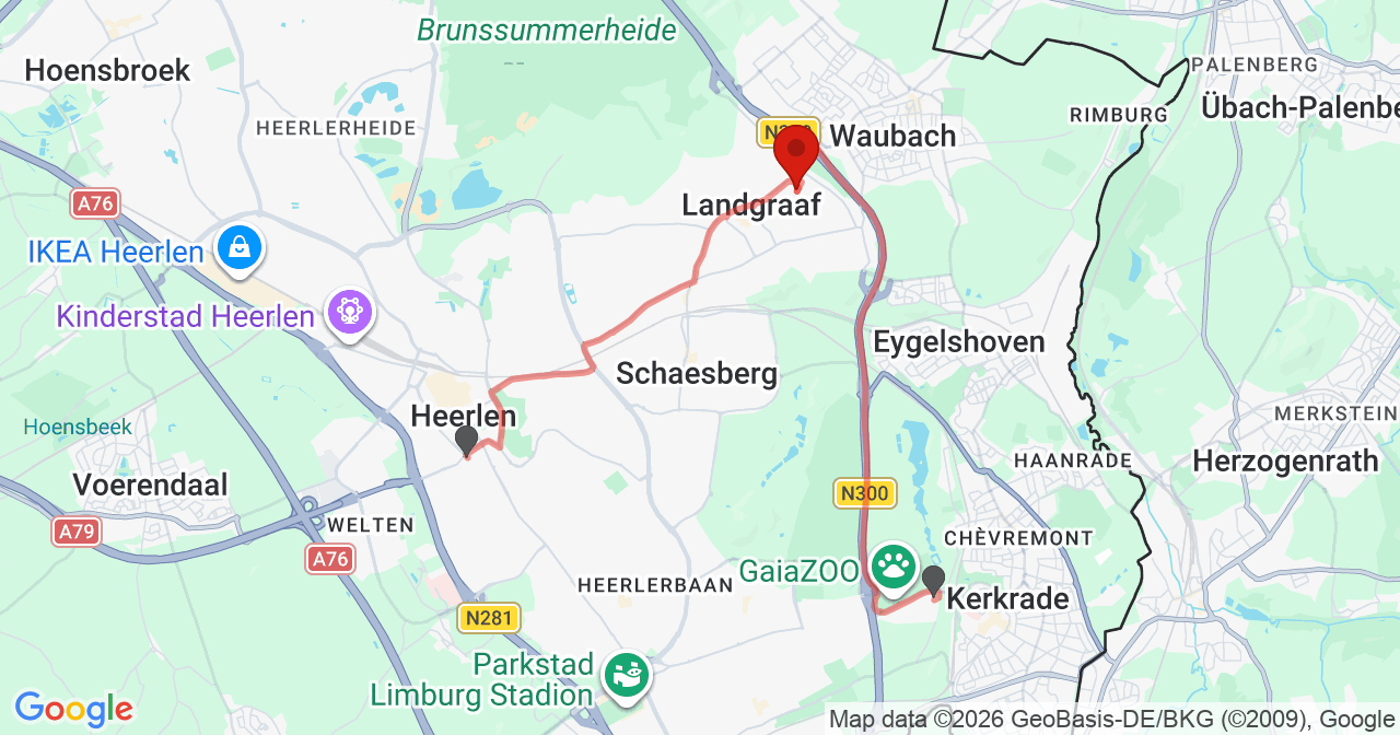 Kaart van het incident in Landgraaf met de aanrijroutes van de gealarmeerde eenheden