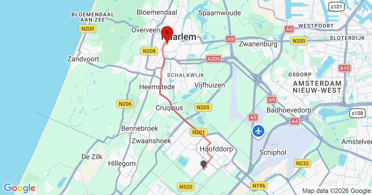 Kaart van het incident in Haarlem met de aanrijroutes van de gealarmeerde eenheden