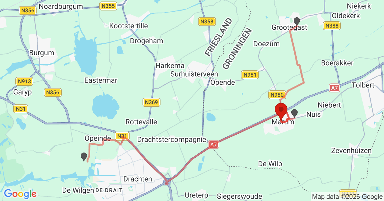 Kaart van het incident in Marum met de aanrijroutes van de gealarmeerde eenheden