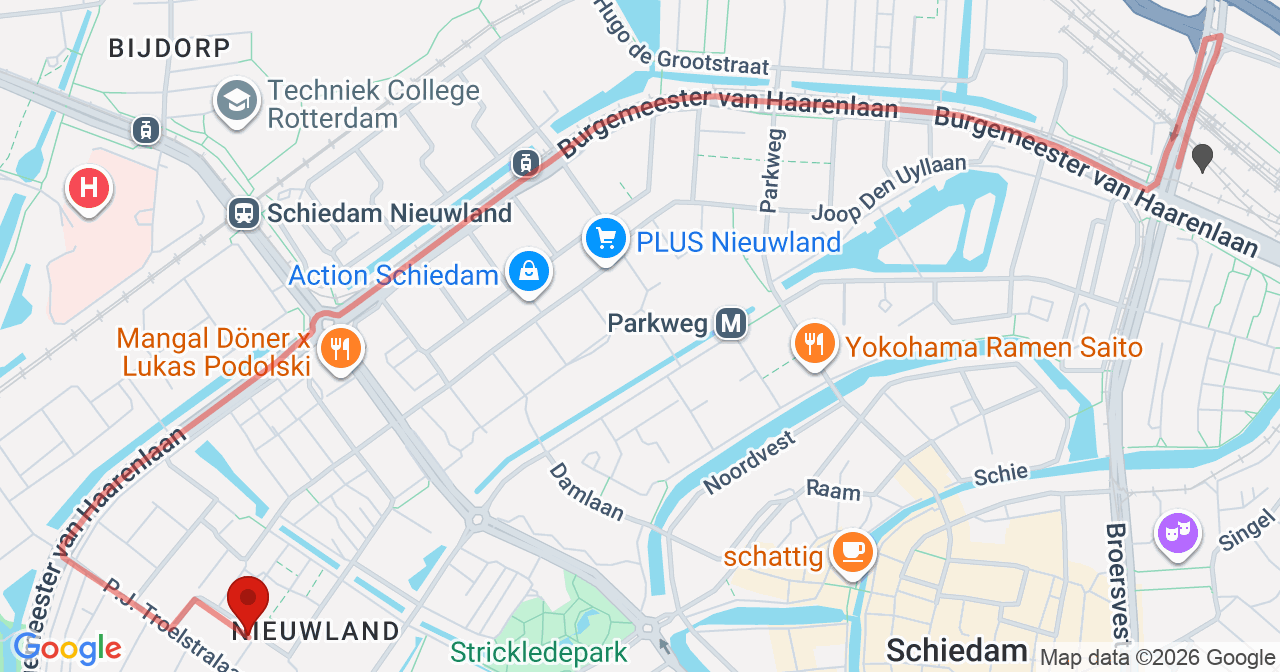 Kaart van het incident in Schiedam met de aanrijroutes van de gealarmeerde eenheden