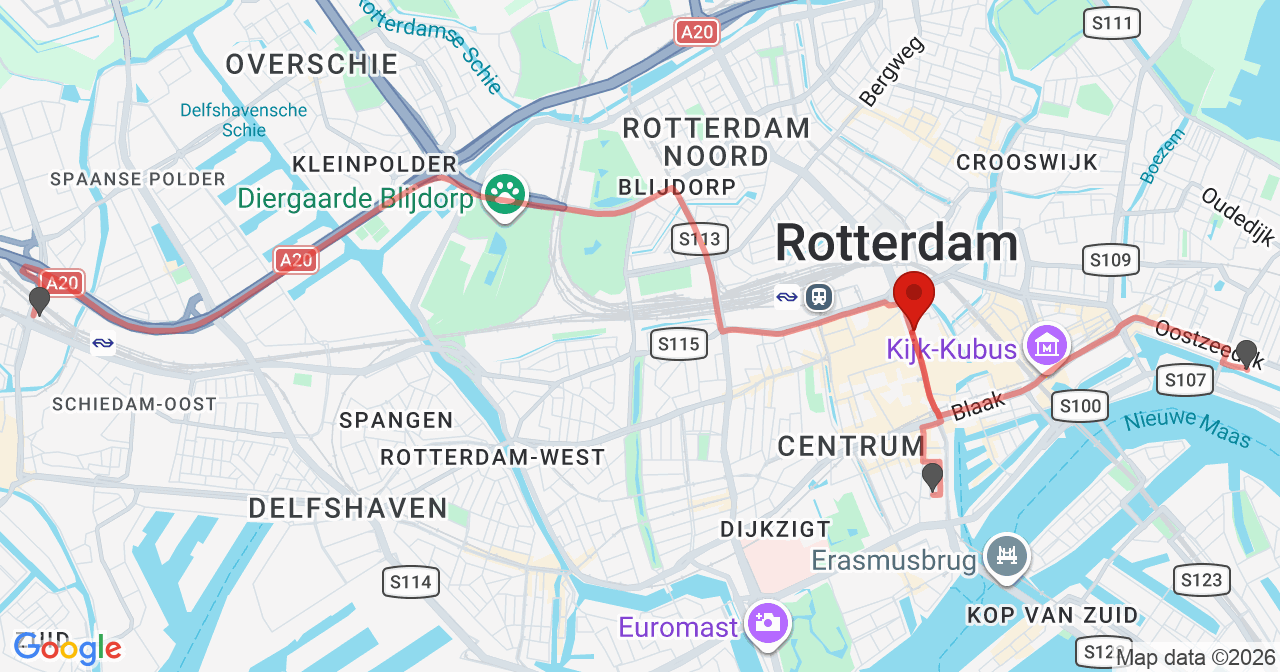 Kaart van het incident in Rotterdam met de aanrijroutes van de gealarmeerde eenheden
