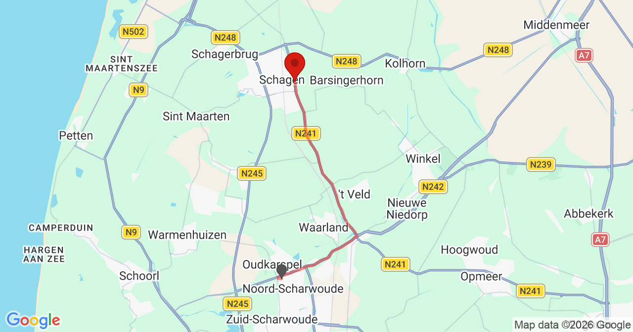 Kaart van het incident in Schagen met de aanrijroutes van de gealarmeerde eenheden