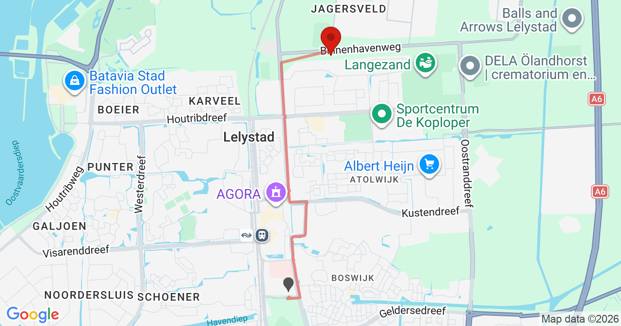 Kaart van het incident in Lelystad met de aanrijroutes van de gealarmeerde eenheden