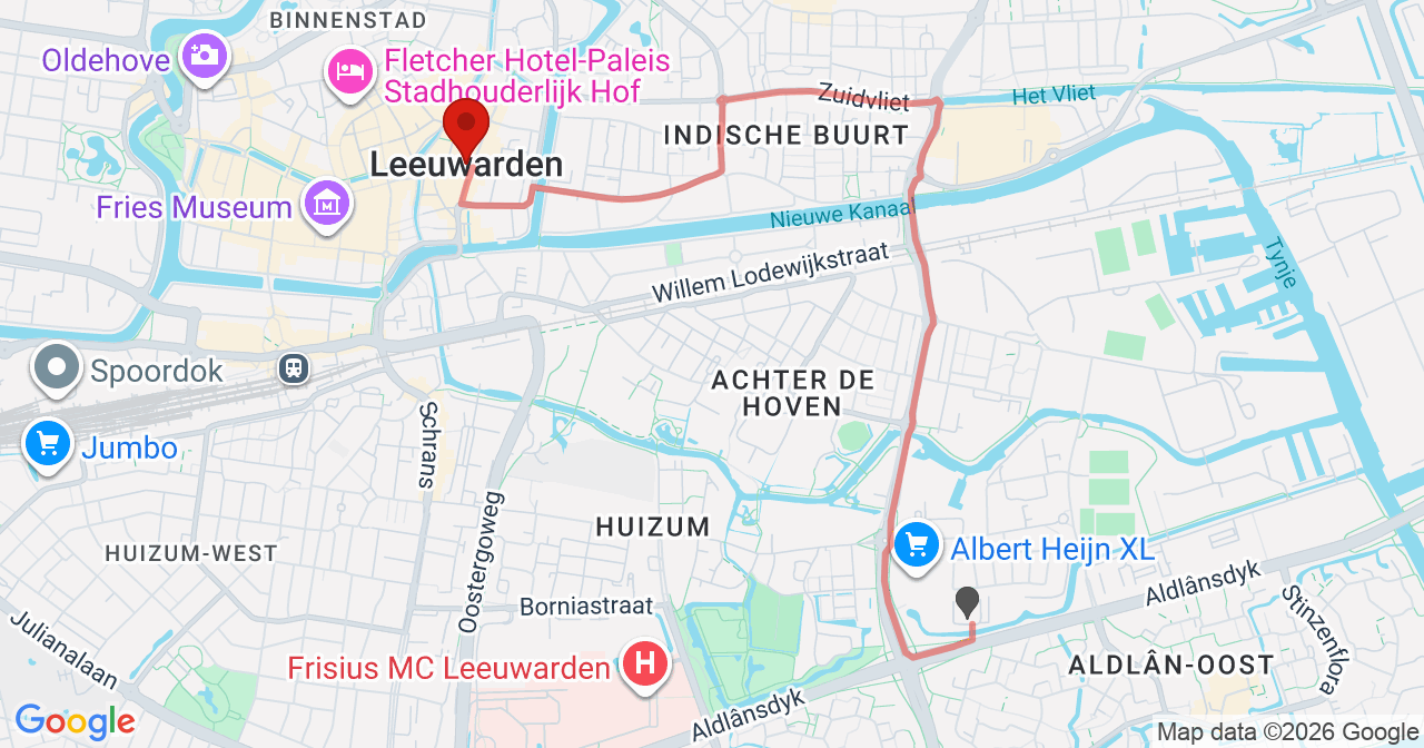 Kaart van het incident in Leeuwarden met de aanrijroutes van de gealarmeerde eenheden