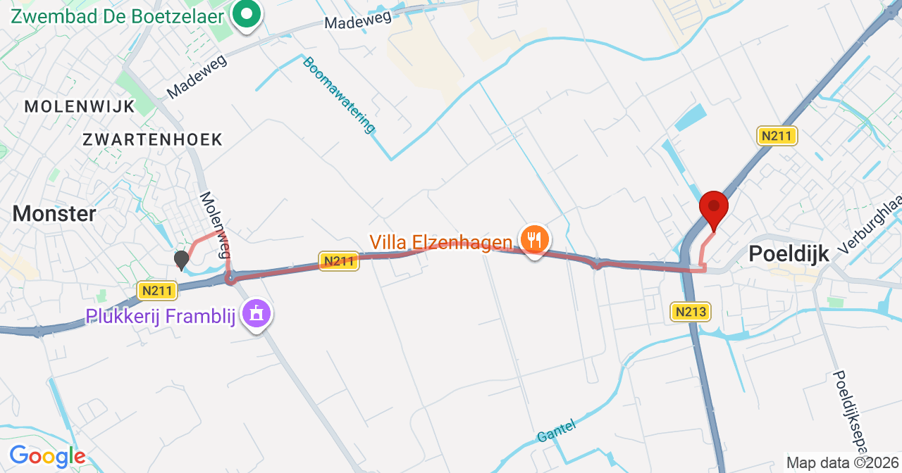 Kaart van het incident in Poeldijk met de aanrijroutes van de gealarmeerde eenheden