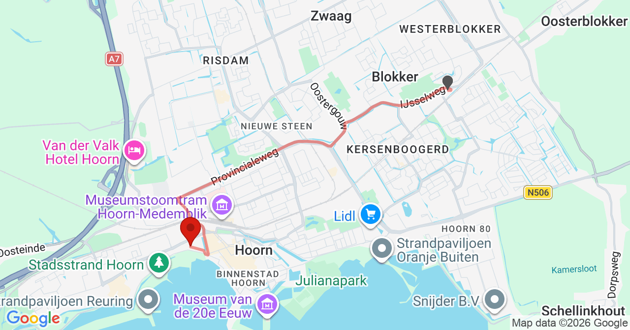 Kaart van het incident in Hoorn NH met de aanrijroutes van de gealarmeerde eenheden