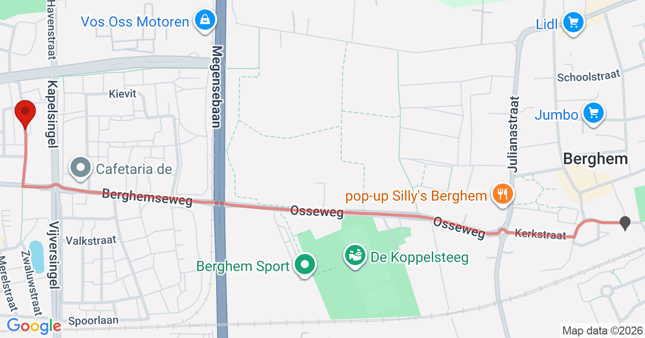 Kaart van het incident in Oss met de aanrijroutes van de gealarmeerde eenheden