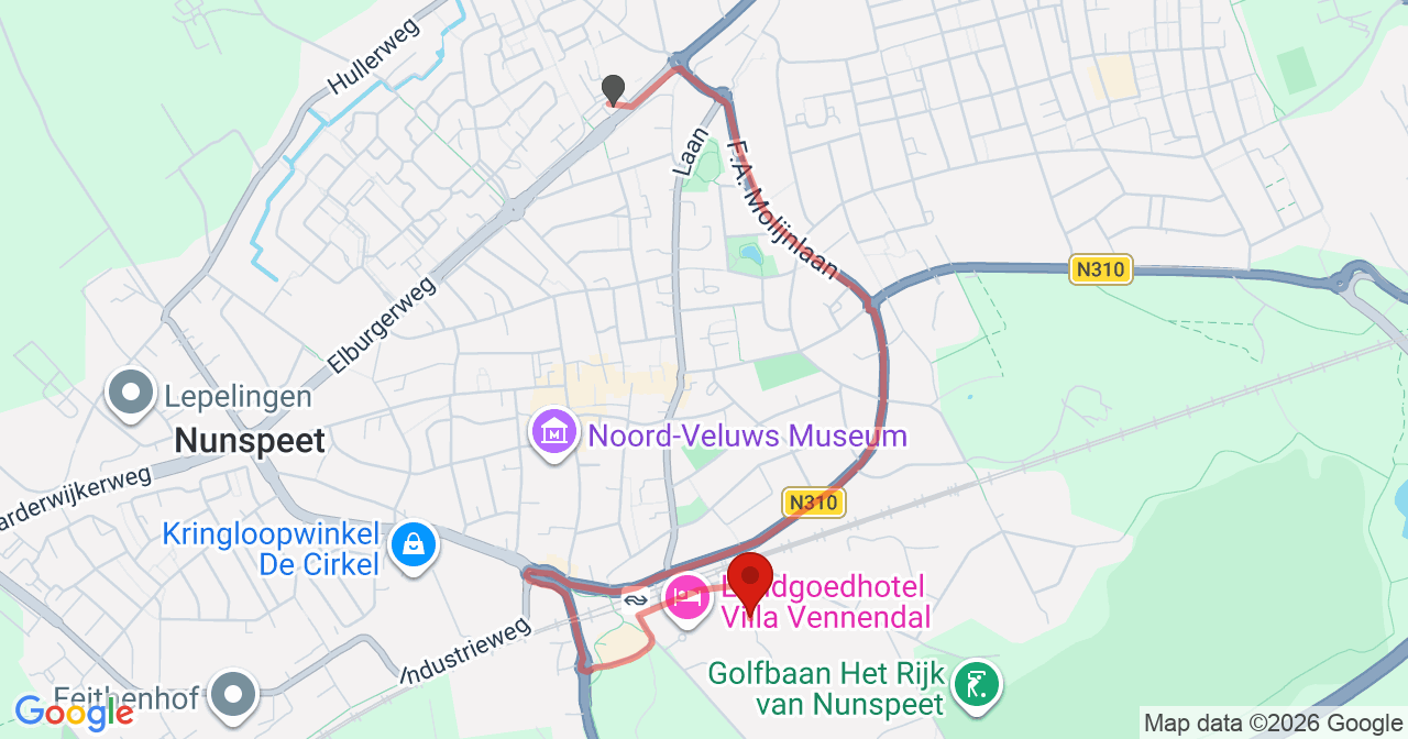 Kaart van het incident in Nunspeet met de aanrijroutes van de gealarmeerde eenheden