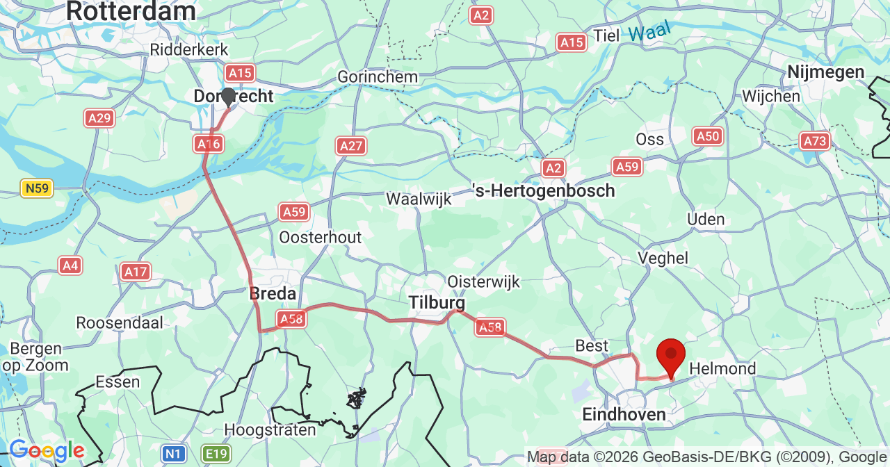 Kaart van het incident in Nuenen met de aanrijroutes van de gealarmeerde eenheden