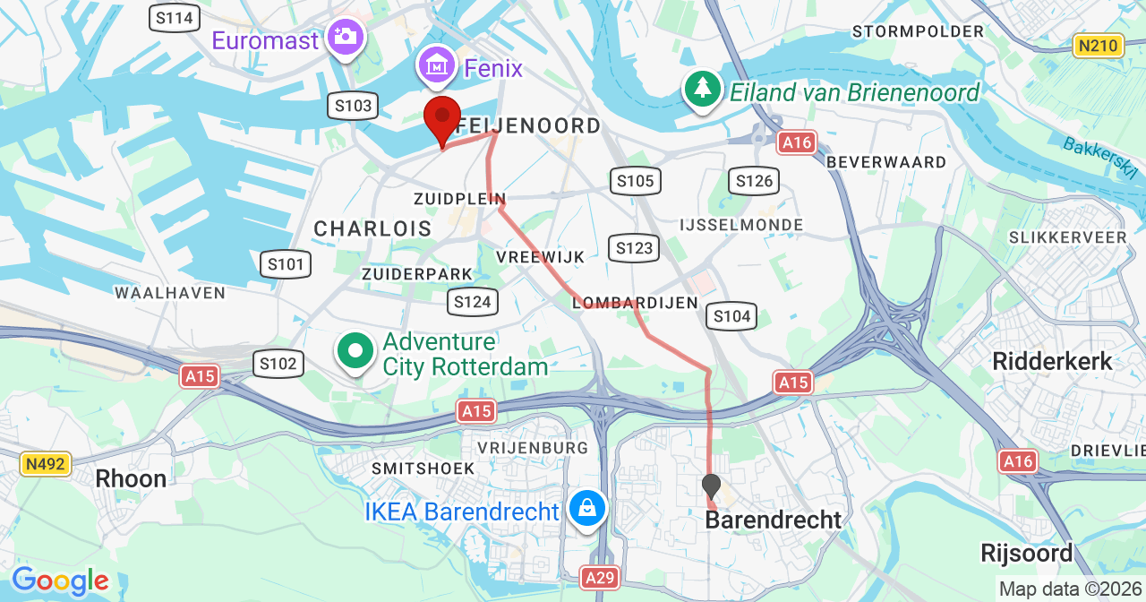 Kaart van het incident in Rotterdam met de aanrijroutes van de gealarmeerde eenheden