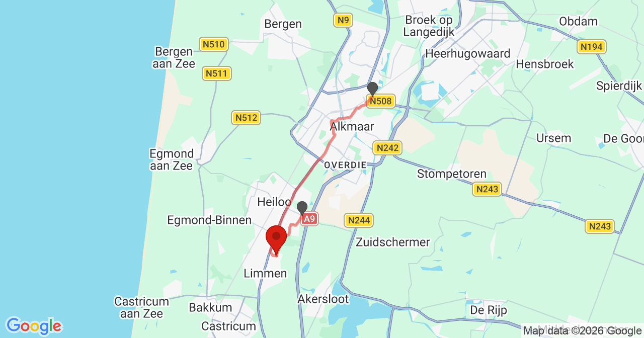 Kaart van het incident in Limmen met de aanrijroutes van de gealarmeerde eenheden