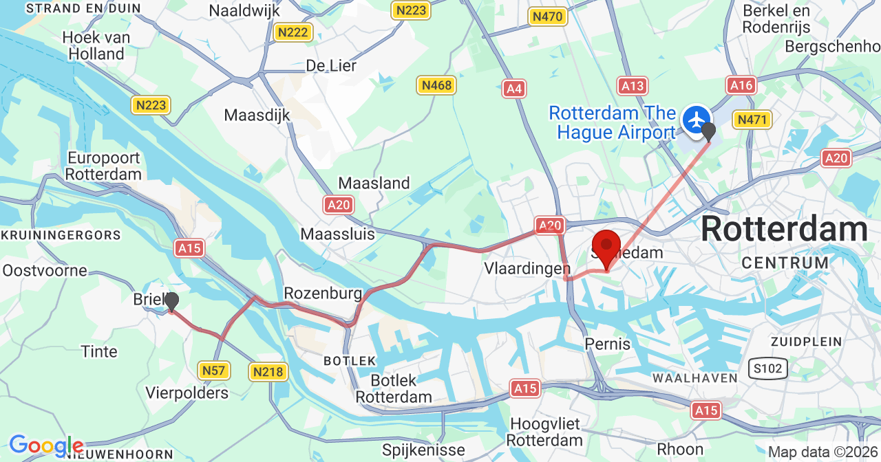 Kaart van het incident in Schiedam met de aanrijroutes van de gealarmeerde eenheden
