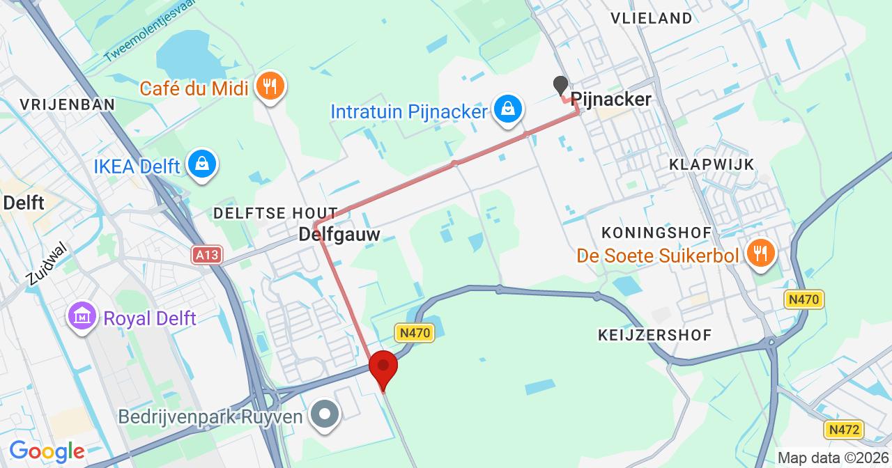 Kaart van het incident in Delfgauw met de aanrijroutes van de gealarmeerde eenheden