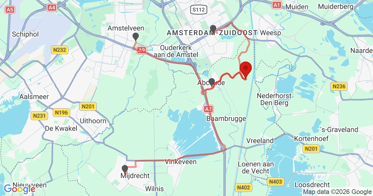 Kaart van het incident in Abcoude met de aanrijroutes van de gealarmeerde eenheden