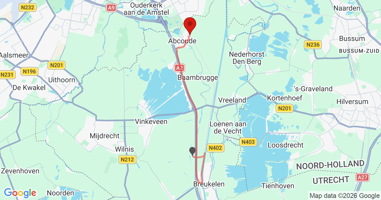 Kaart van het incident in Abcoude met de aanrijroutes van de gealarmeerde eenheden