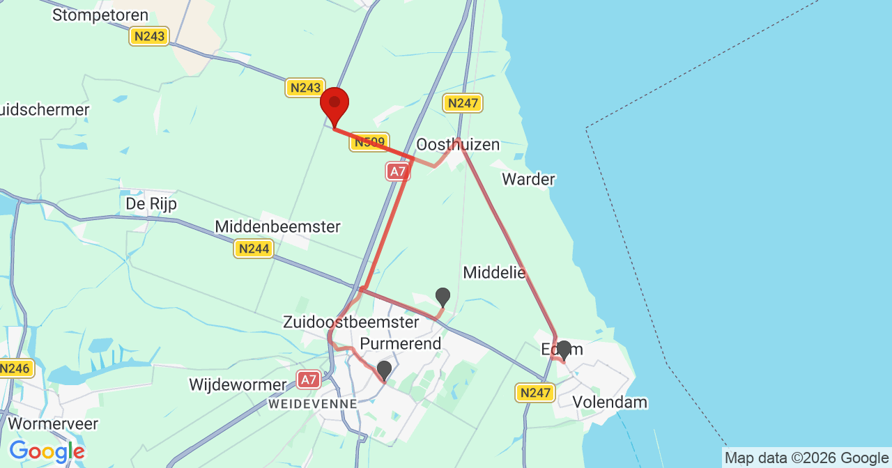 Kaart van het incident in Noordbeemster met de aanrijroutes van de gealarmeerde eenheden