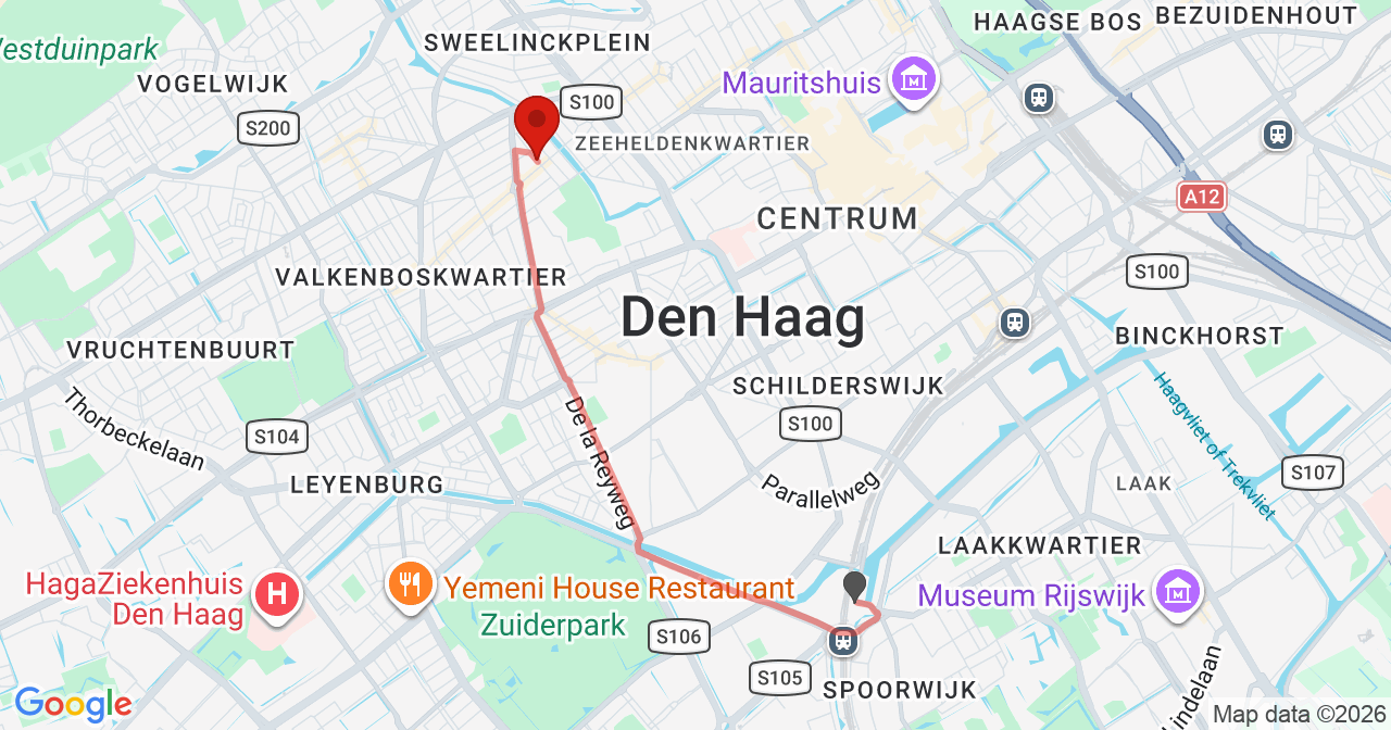 Kaart van het incident in 's-Gravenhage met de aanrijroutes van de gealarmeerde eenheden