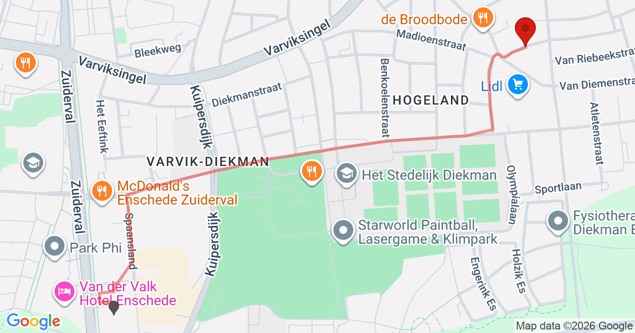 Kaart van het incident in Enschede met de aanrijroutes van de gealarmeerde eenheden
