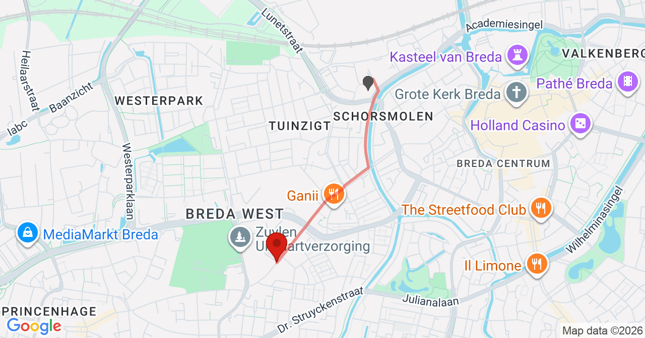 Kaart van het incident in Breda met de aanrijroutes van de gealarmeerde eenheden
